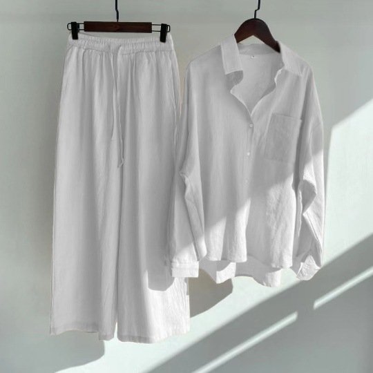 Spring fall ladies pants 2 piece retro plus size women clothing high waist loose trousers cotton linen shirt women's sets