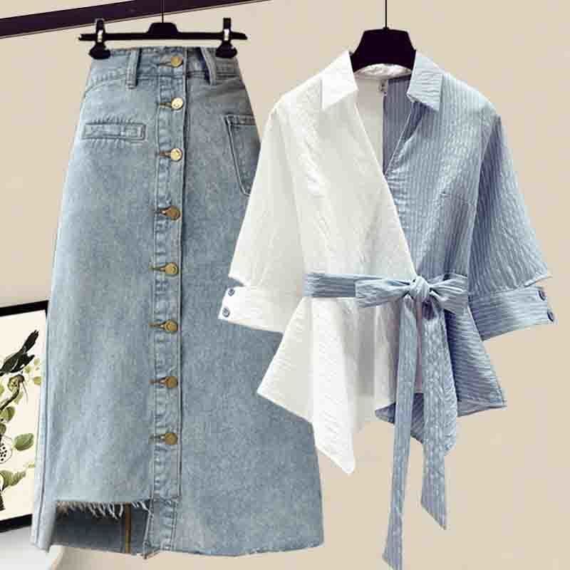 Plus Size Women's Trendy Two-Piece Set Summer Suit Slimming Age-Reducing Petal Sleeve Short-Sleeved Skirt Catty Chubby Girls
