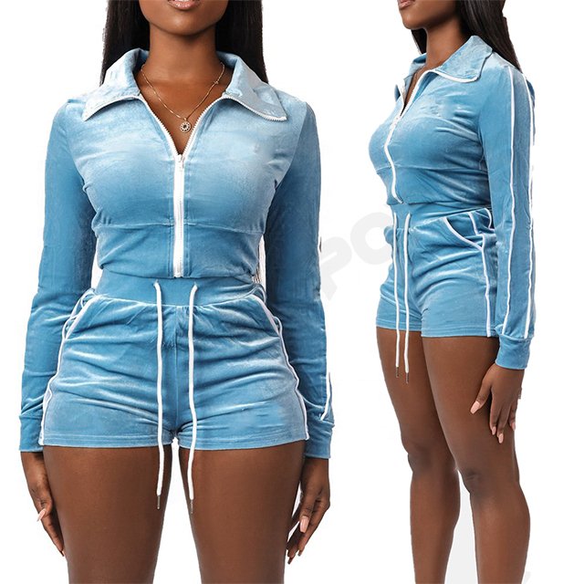 2022 Custom Logo Hoodie Short Set Women Zip Up Hooded Crop Top Hoodie Sweatshirt And Sweat Shorts