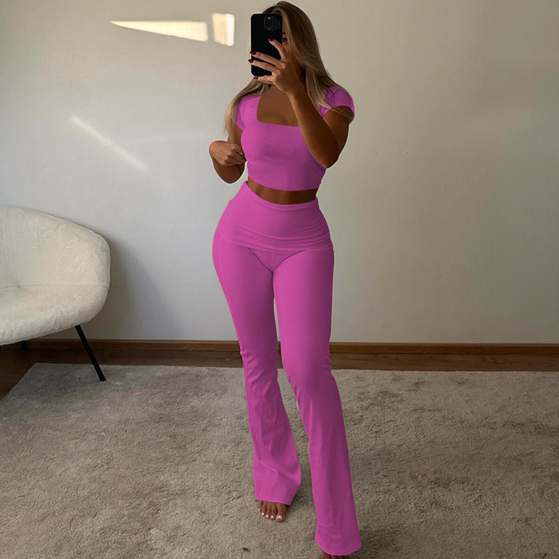 Wholesale clothing white short sleeve crop top 2 piece sets fashion black two piece pants set women
