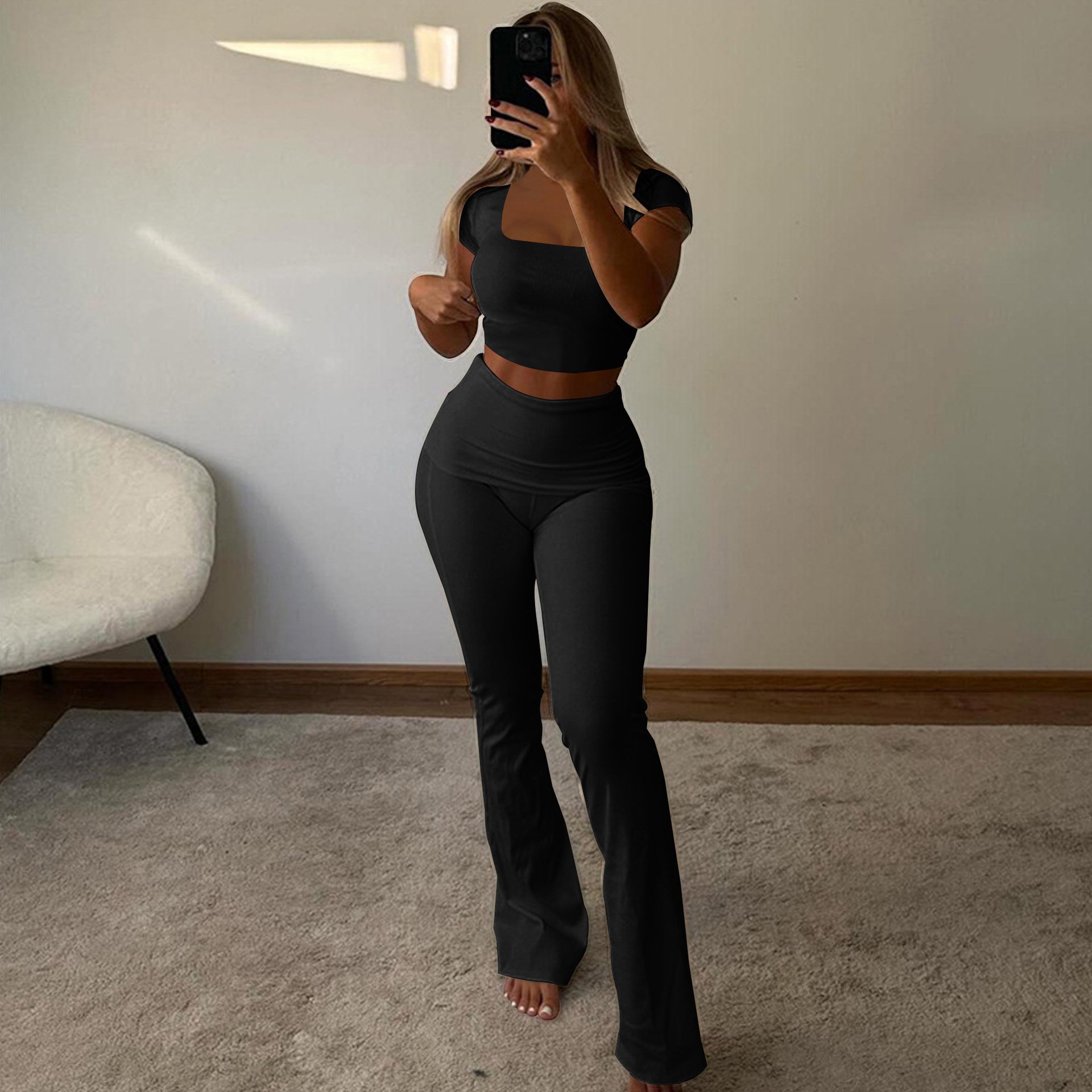 Wholesale clothing white short sleeve crop top 2 piece sets fashion black two piece pants set women