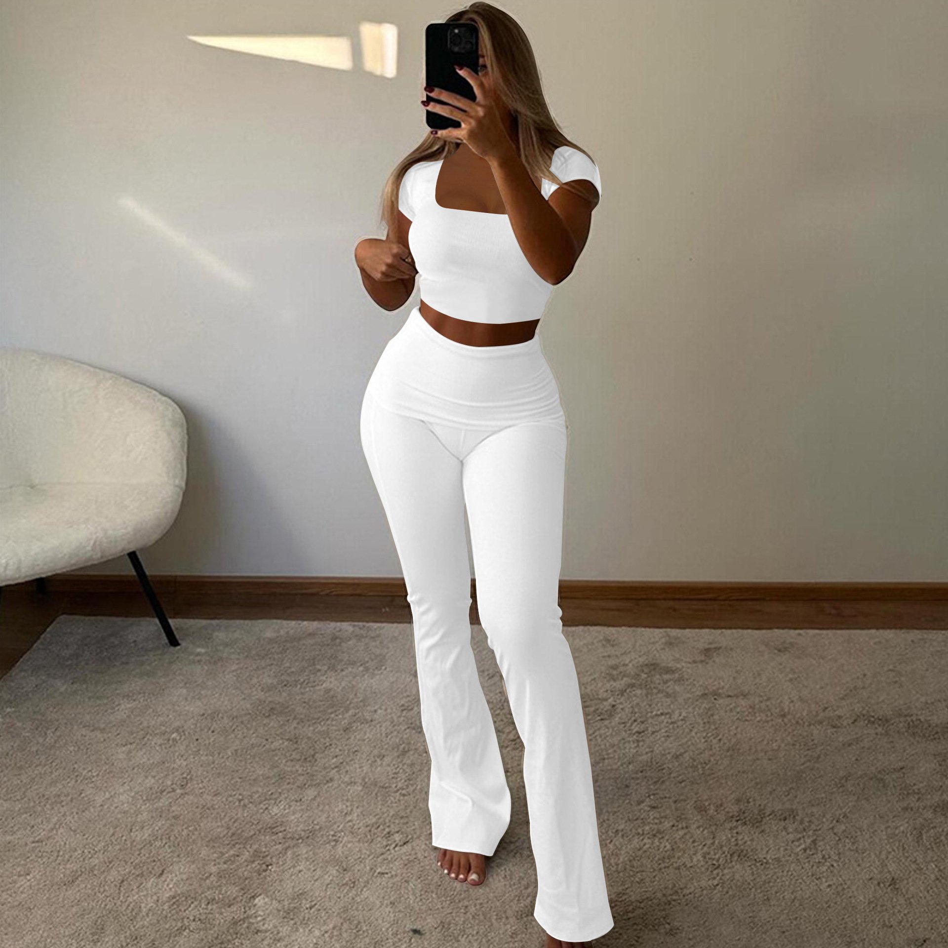 Wholesale clothing white short sleeve crop top 2 piece sets fashion black two piece pants set women