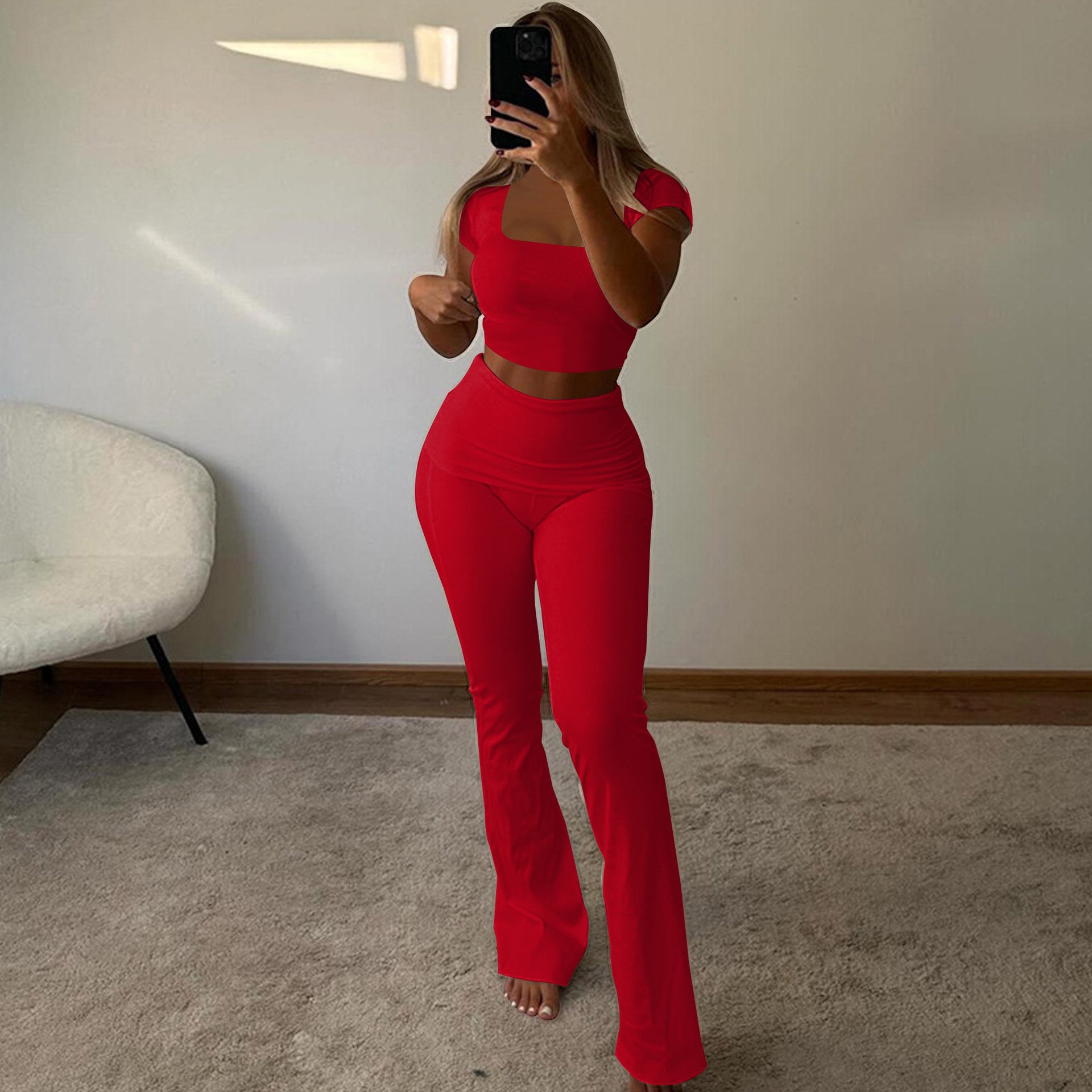 Wholesale clothing white short sleeve crop top 2 piece sets fashion black two piece pants set women