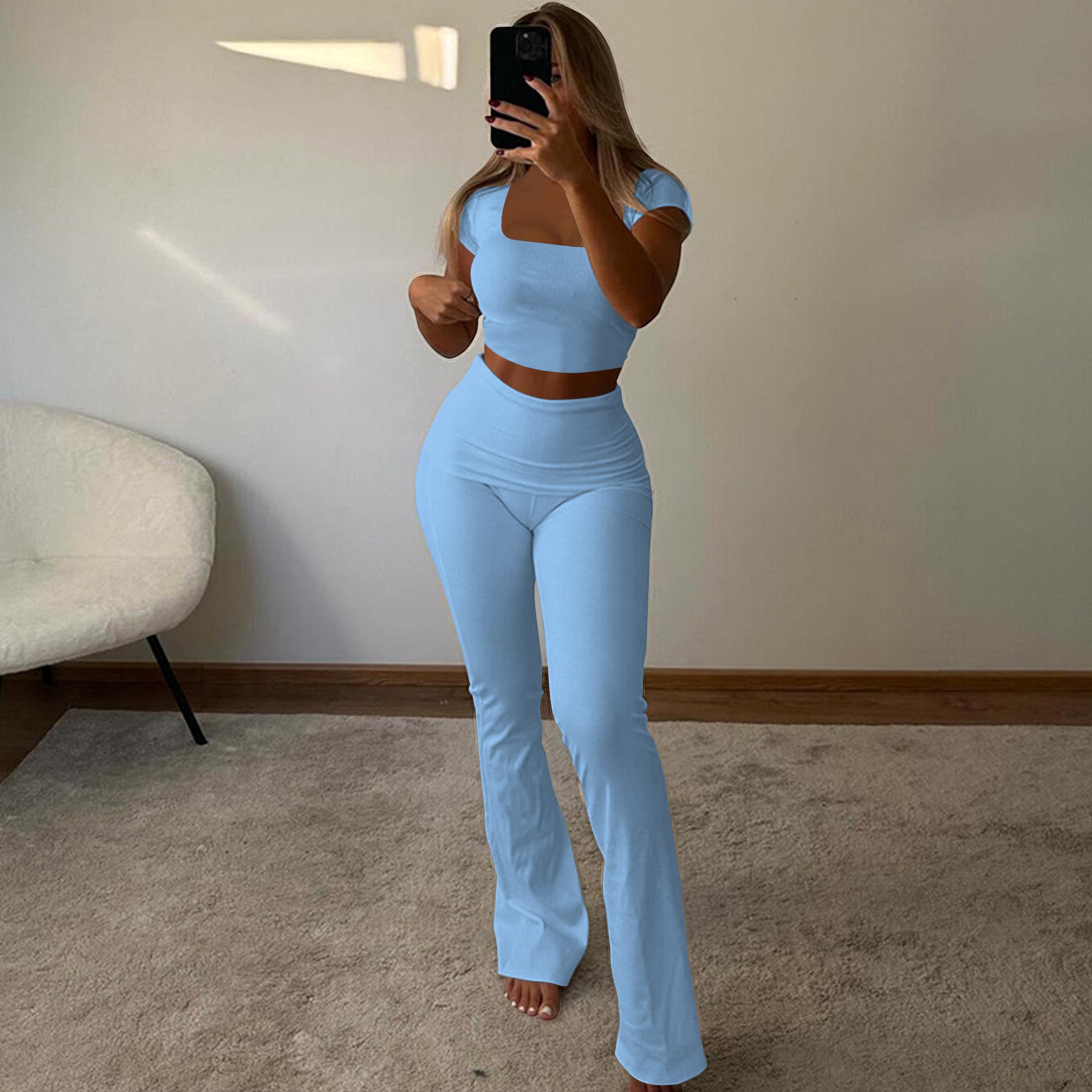 Wholesale clothing white short sleeve crop top 2 piece sets fashion black two piece pants set women