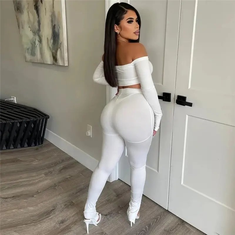 Autumn high elastic midriff-baring long sleeve wrapped chest two-piece suit women's clothing suit sets for women