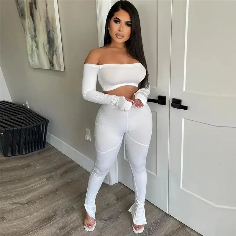 Autumn high elastic midriff-baring long sleeve wrapped chest two-piece suit women's clothing suit sets for women