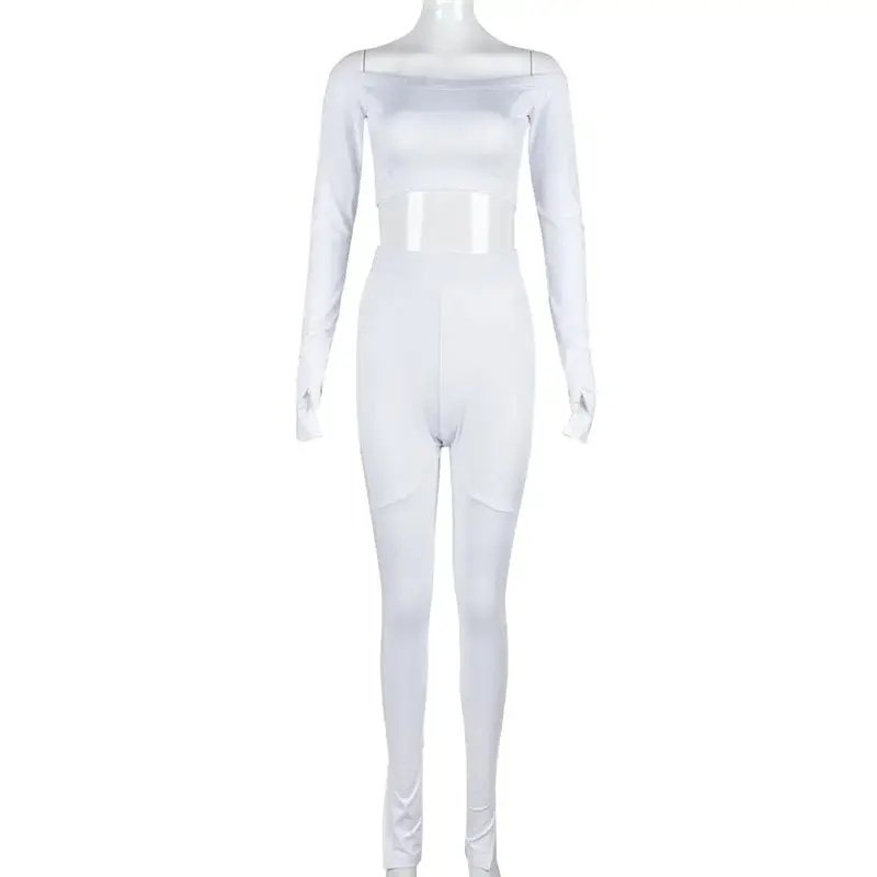 Autumn high elastic midriff-baring long sleeve wrapped chest two-piece suit women's clothing suit sets for women