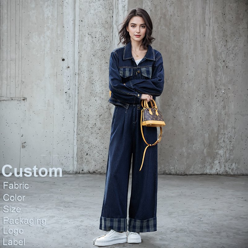 Custom Autumn and Spring new Flip collar Single breasted buckle Denim top Wide leg pants Two piece set women's sets streetwear