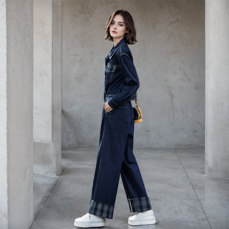 Custom Autumn and Spring new Flip collar Single breasted buckle Denim top Wide leg pants Two piece set women's sets streetwear