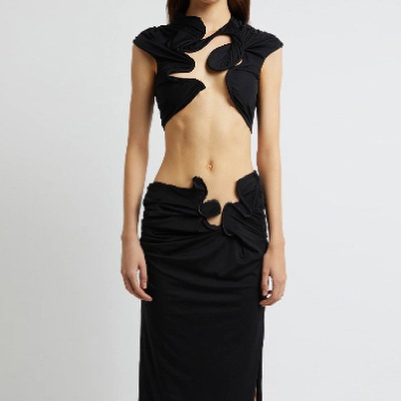 Sexy 2024 New Hollow Out Sleeveless Crop Top And Skirt 2 Piece Set Solid Bodycon Casual Sexy Fashion Women's Set