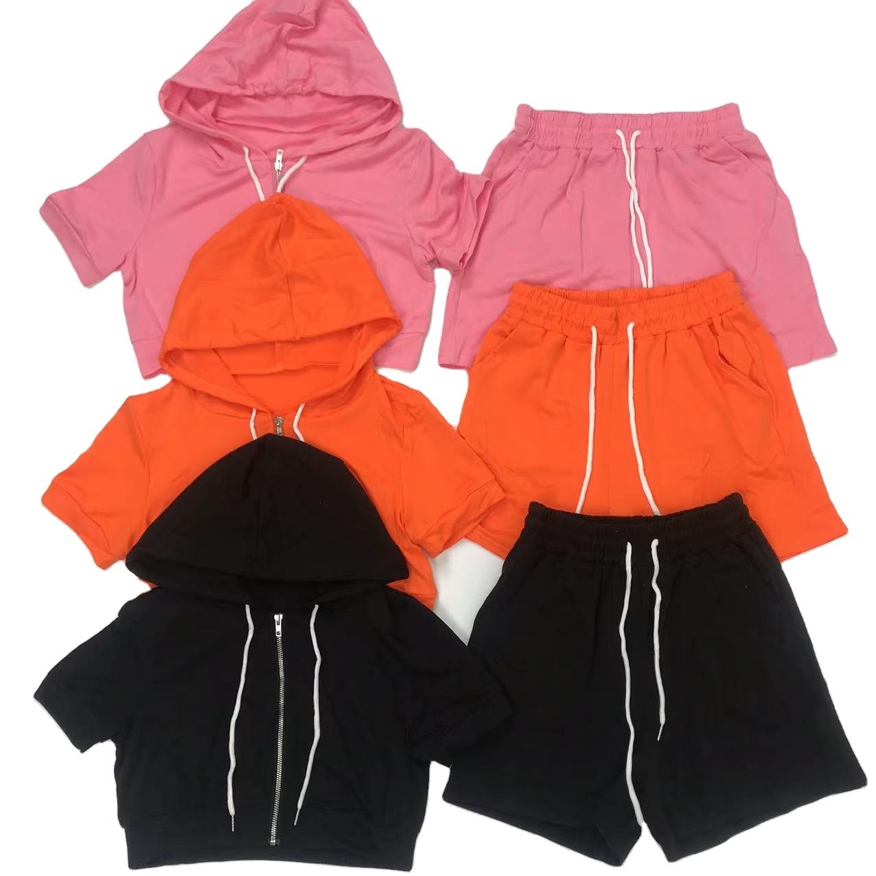 Custom Logo Zipper Hoodie And Shorts Set Short Sleeve Drawstring Crop Top Hoodie Set Two Piece Jogging Women's Tracksuit Set