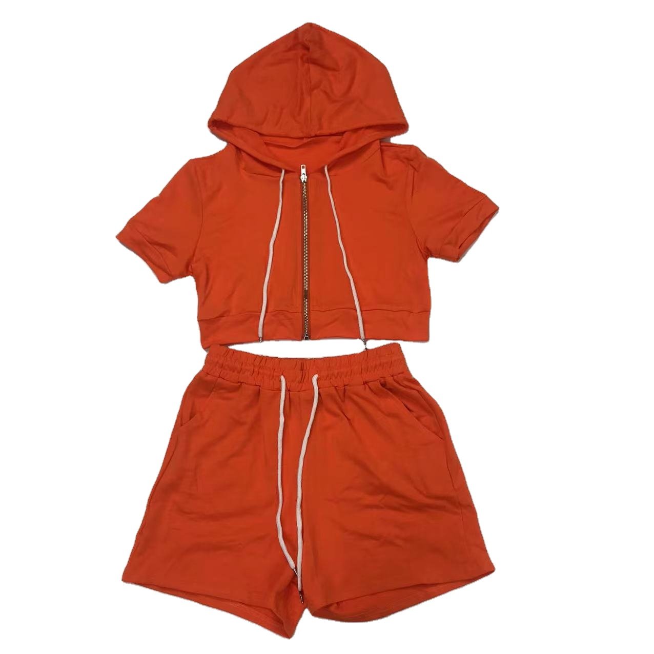 Custom Logo Zipper Hoodie And Shorts Set Short Sleeve Drawstring Crop Top Hoodie Set Two Piece Jogging Women's Tracksuit Set