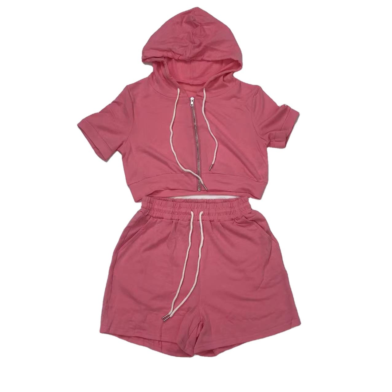Custom Logo Zipper Hoodie And Shorts Set Short Sleeve Drawstring Crop Top Hoodie Set Two Piece Jogging Women's Tracksuit Set