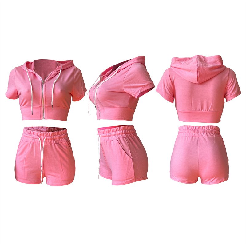 Custom Logo Zipper Hoodie And Shorts Set Short Sleeve Drawstring Crop Top Hoodie Set Two Piece Jogging Women's Tracksuit Set