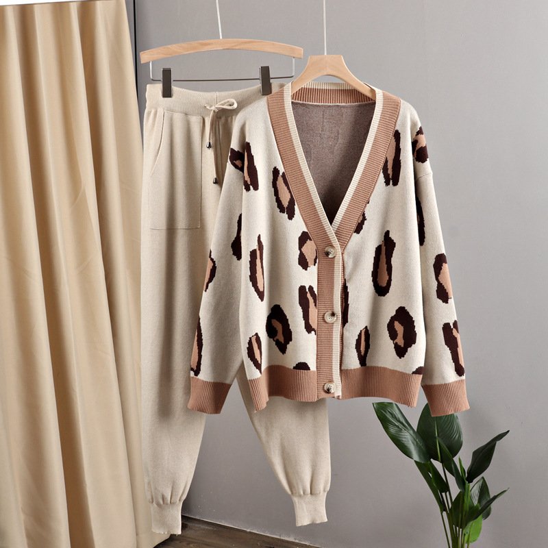 Spring Autumn Oversized Women Cardigan Sweater Tracksuits Leopard Knitted Jumper Suits Harem Pants 2/Two Pieces Women's Sets