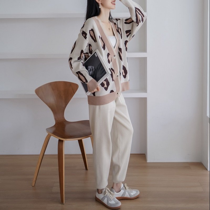 Spring Autumn Oversized Women Cardigan Sweater Tracksuits Leopard Knitted Jumper Suits Harem Pants 2/Two Pieces Women's Sets