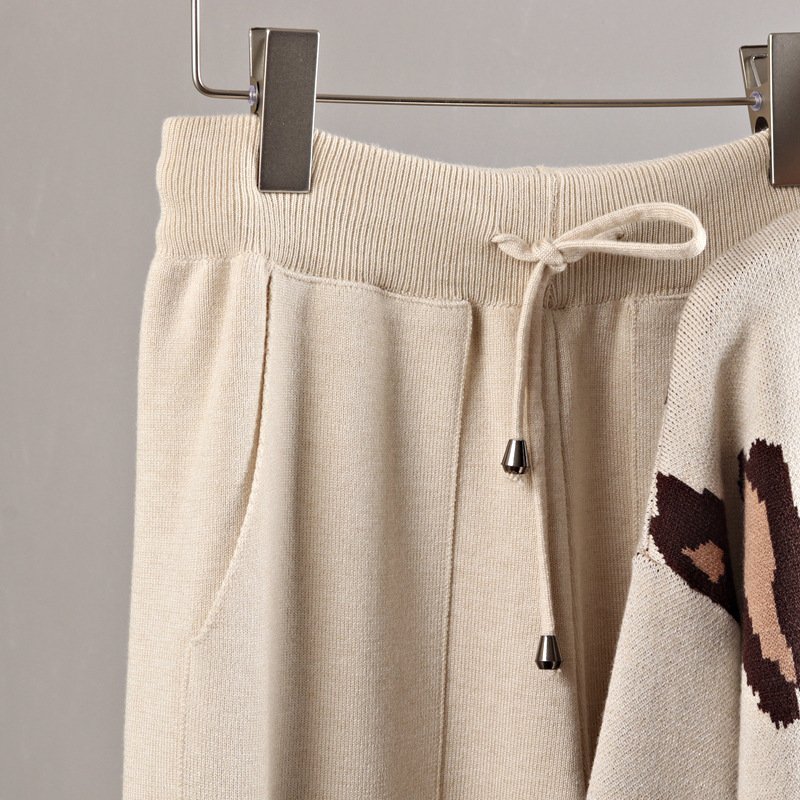 Spring Autumn Oversized Women Cardigan Sweater Tracksuits Leopard Knitted Jumper Suits Harem Pants 2/Two Pieces Women's Sets