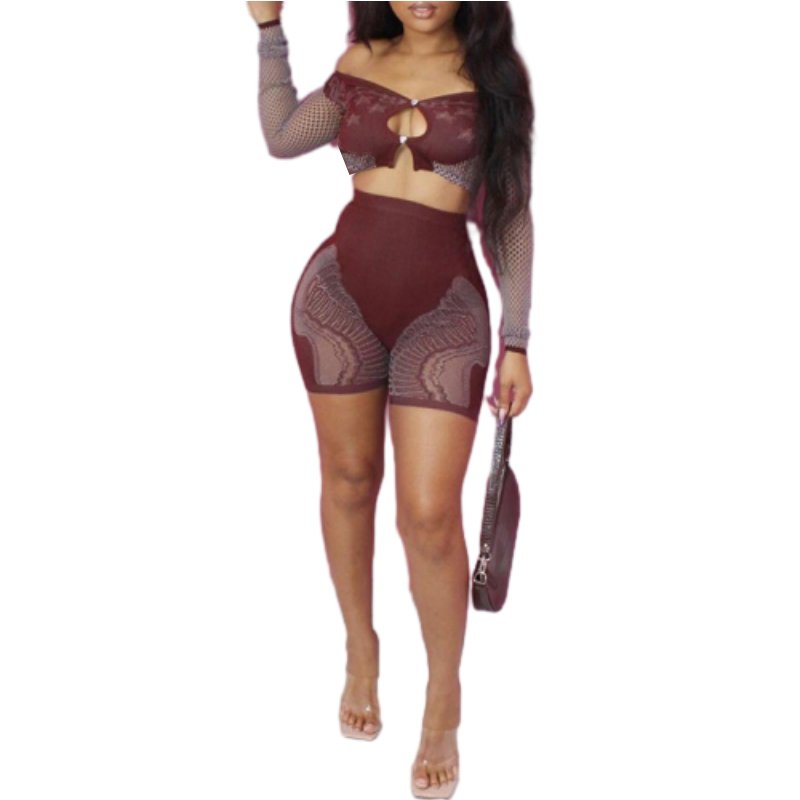 New Women's Off Shoulder Long Sleeve Crop Top High Waist Hollow Out Slim Shorts Set Sehe Fashion