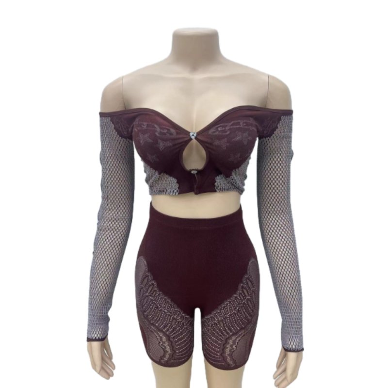 New Women's Off Shoulder Long Sleeve Crop Top High Waist Hollow Out Slim Shorts Set Sehe Fashion