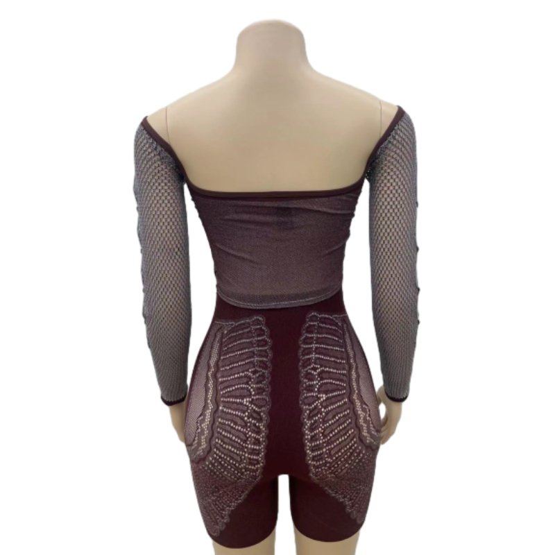New Women's Off Shoulder Long Sleeve Crop Top High Waist Hollow Out Slim Shorts Set Sehe Fashion