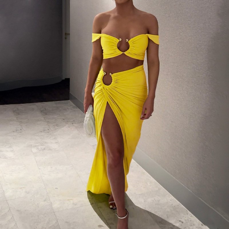 Peeqi E24ST025 sexy summer 2024 new sleeveless crop top and split skirt 2 piece set solid bodycon backless fashion women's set