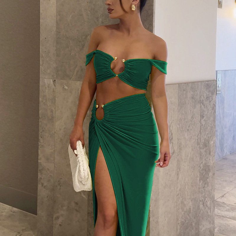 Peeqi E24ST025 sexy summer 2024 new sleeveless crop top and split skirt 2 piece set solid bodycon backless fashion women's set