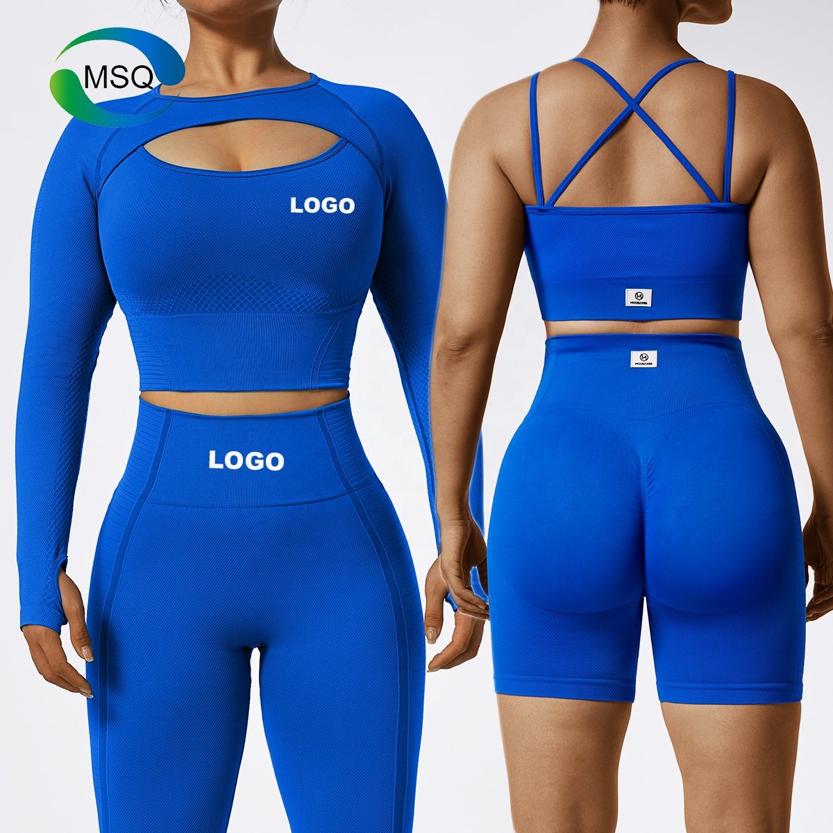 Custom Gym Clothes Fitness Women sets 5 Piece seamless long sleeve Top Sports Bra Scrunch Butt Leggings Workout Set for Women
