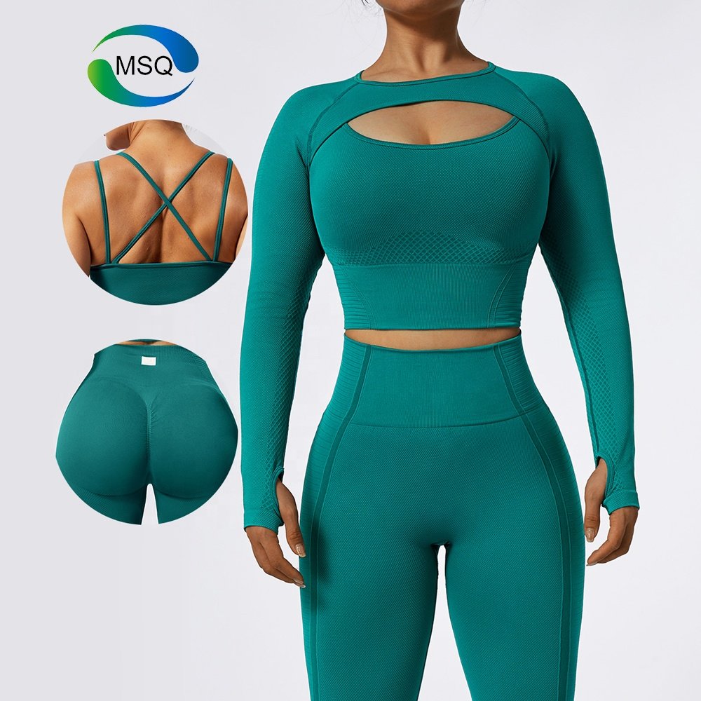 Custom Gym Clothes Fitness Women sets 5 Piece seamless long sleeve Top Sports Bra Scrunch Butt Leggings Workout Set for Women