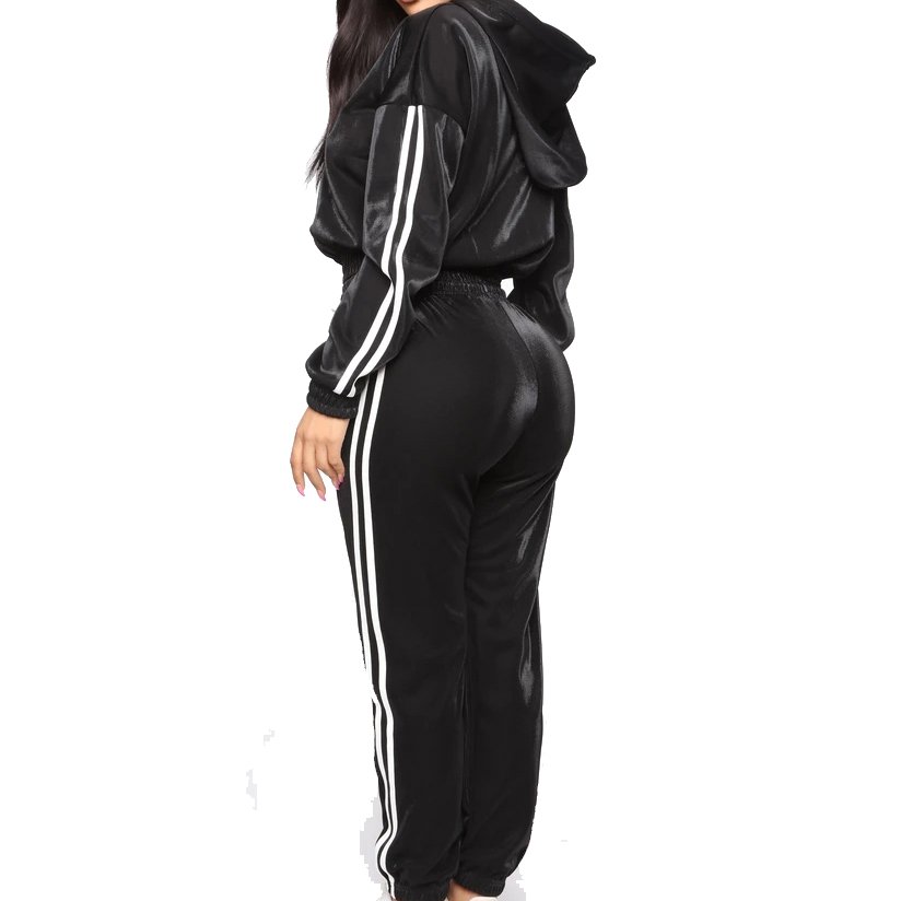 Women's Black Women's Tennis Glam Sets Crop Hoodie And Drawstring Jogger With Two Stripes
