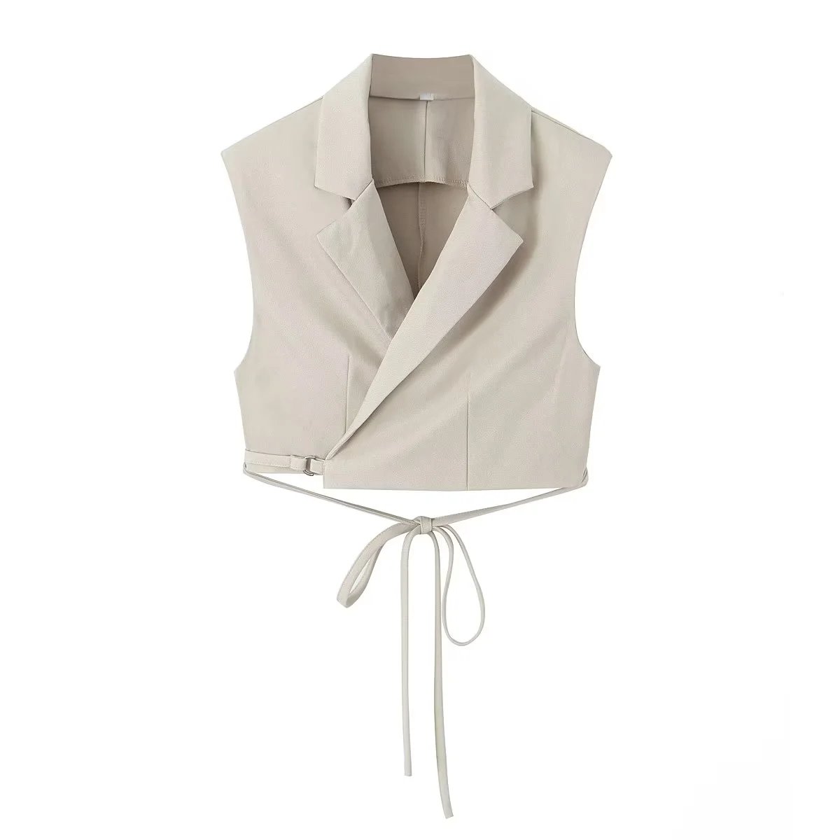 Notched collar button lace up vest beige color full length pants women's casual 2 piece sets