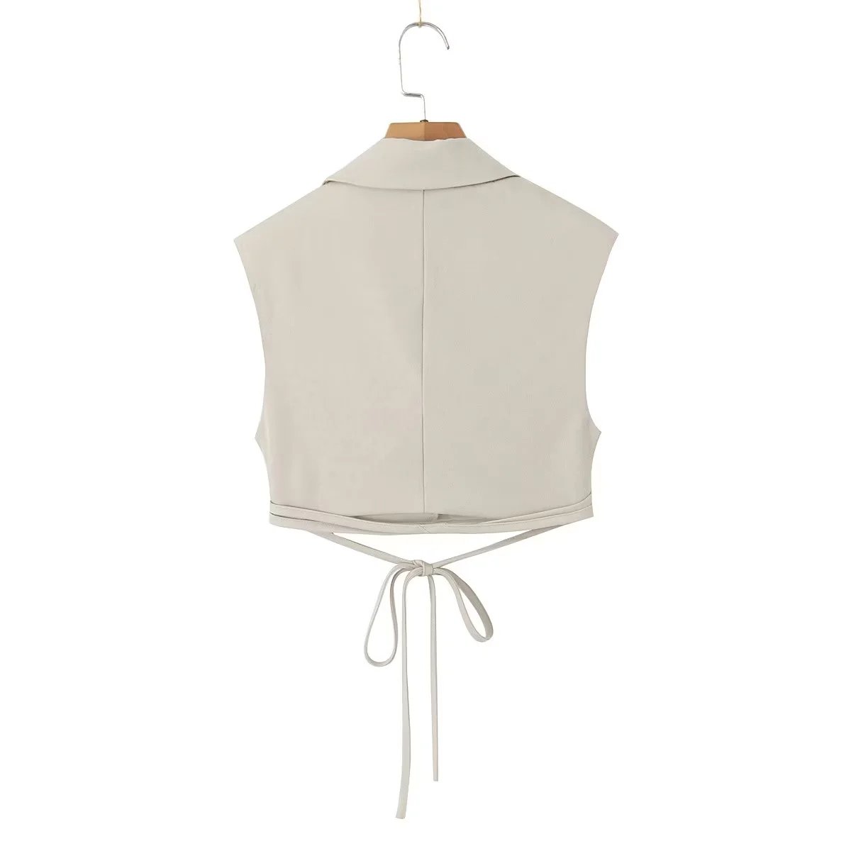 Notched collar button lace up vest beige color full length pants women's casual 2 piece sets