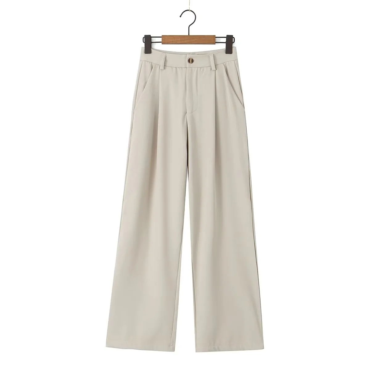 Notched collar button lace up vest beige color full length pants women's casual 2 piece sets