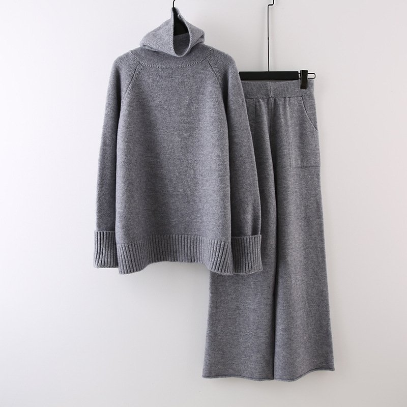 Boutique Wholesale 2024 Autumn New Fashionable High Collar Sweater Loose Knitted Wide Leg Pants Women's Set