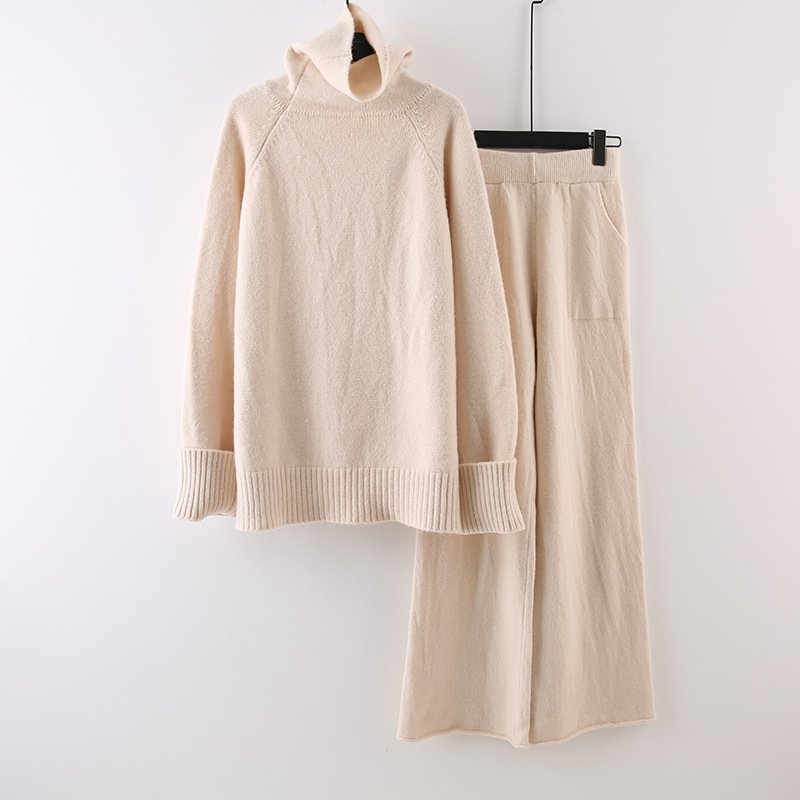 Boutique Wholesale 2024 Autumn New Fashionable High Collar Sweater Loose Knitted Wide Leg Pants Women's Set