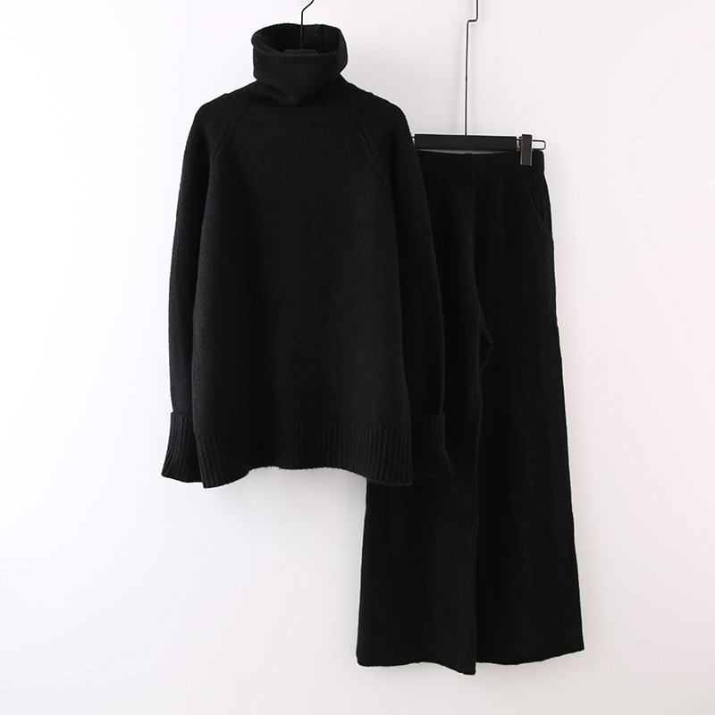 Boutique Wholesale 2024 Autumn New Fashionable High Collar Sweater Loose Knitted Wide Leg Pants Women's Set