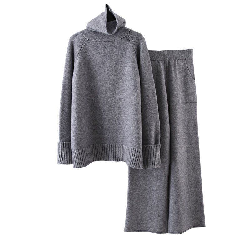 Boutique Wholesale 2024 Autumn New Fashionable High Collar Sweater Loose Knitted Wide Leg Pants Women's Set
