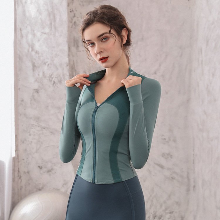 Bashasports Tight standing neck yoga coat elastic zippered top fitness quick drying jacket women's sports long sleeved shirt