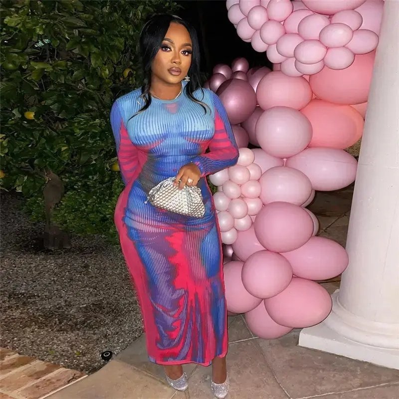 sexy dress Foreign trade prom dresses sexy costumes long sleeve printed high waist slim fit slimming long dress