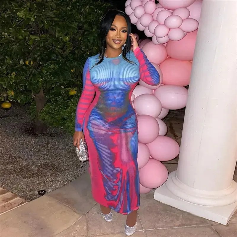 sexy dress Foreign trade prom dresses sexy costumes long sleeve printed high waist slim fit slimming long dress