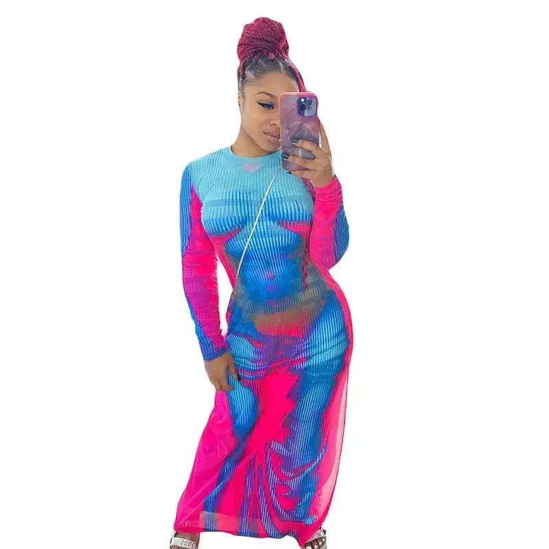 sexy dress Foreign trade prom dresses sexy costumes long sleeve printed high waist slim fit slimming long dress