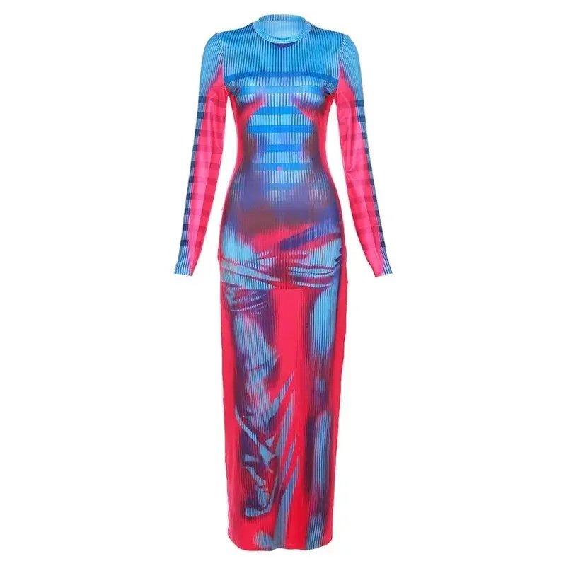 sexy dress Foreign trade prom dresses sexy costumes long sleeve printed high waist slim fit slimming long dress