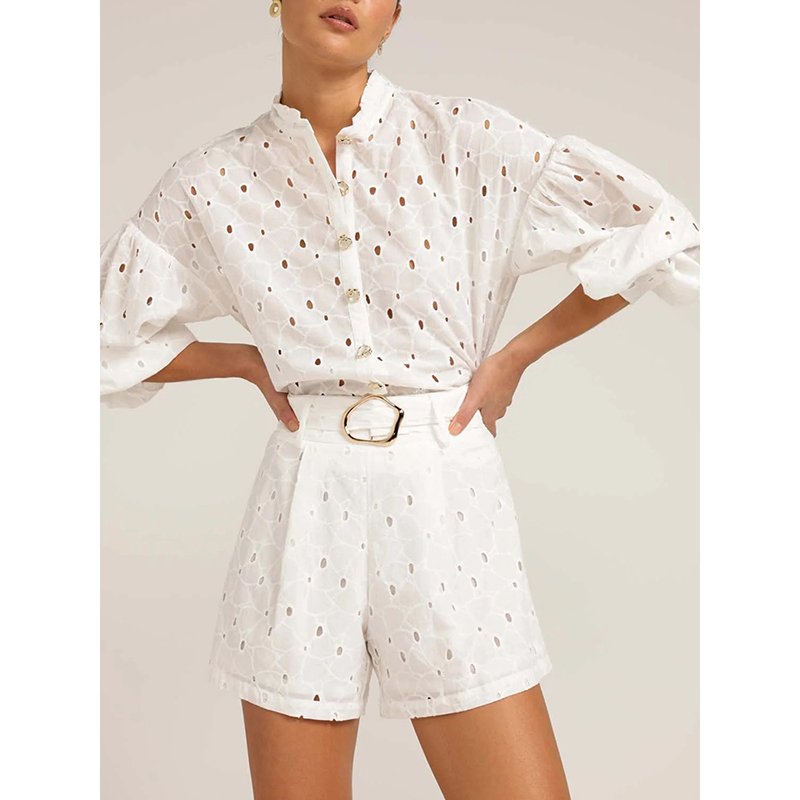 TWOTWINSTYLE Solid Summer Hollow Out Two Piece Set Long Sleeve Single Breasted Top High Waist Short Set For Women