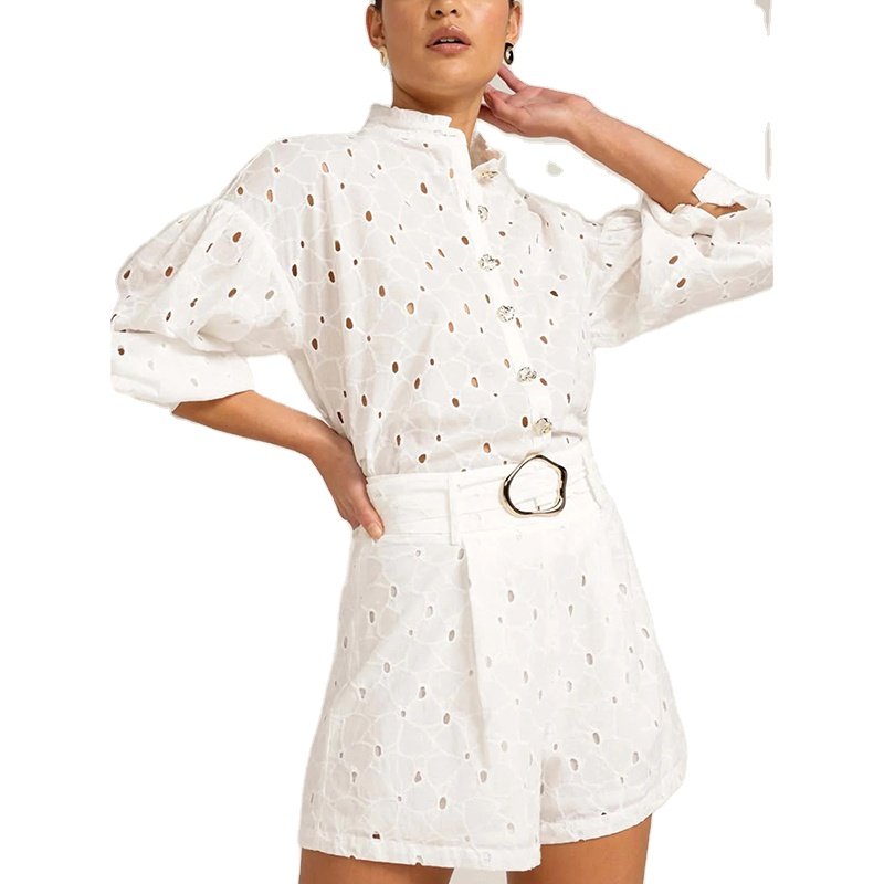 TWOTWINSTYLE Solid Summer Hollow Out Two Piece Set Long Sleeve Single Breasted Top High Waist Short Set For Women