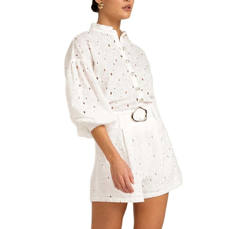 TWOTWINSTYLE Solid Summer Hollow Out Two Piece Set Long Sleeve Single Breasted Top High Waist Short Set For Women