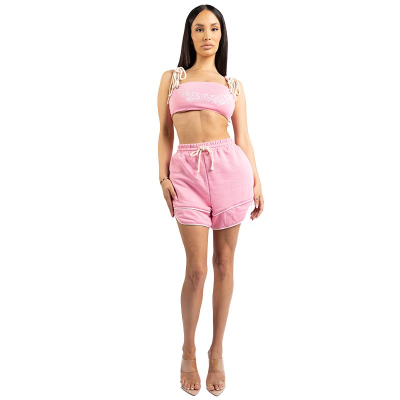 Trendy casual crop tank top & shorts set printed detail rope tied set guangzhou clothing manufacture factory directly supply