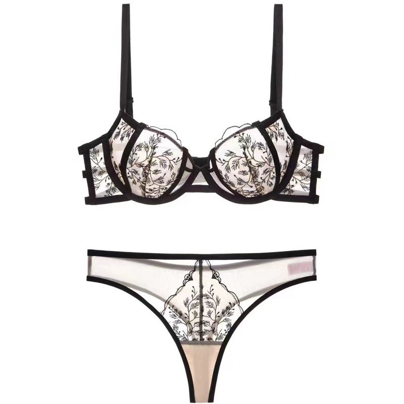 High Quality Women Sexy Embroidery Lace Sustainable Bra Thong Set Sexy Mesh G-string Thong Lace Bra Panties Underwear Set