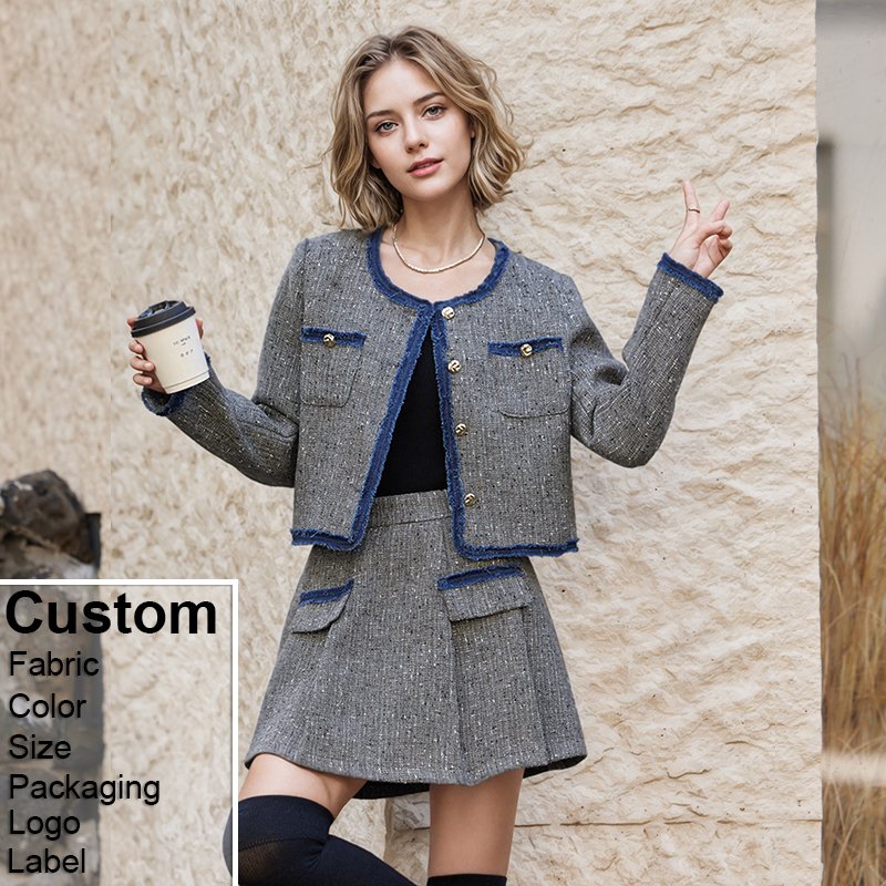 Custom y2k women's sets Autumn and Spring New College Style Long Sleeves Loose Coat A-line Half Length Skirt Two Piece Set