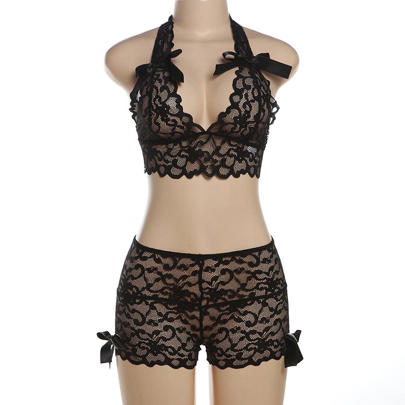 Garsia K24S48137 solid bodycon sexy bikini women's set summer lace see through slash neck crop top and mini pants 2 piece set