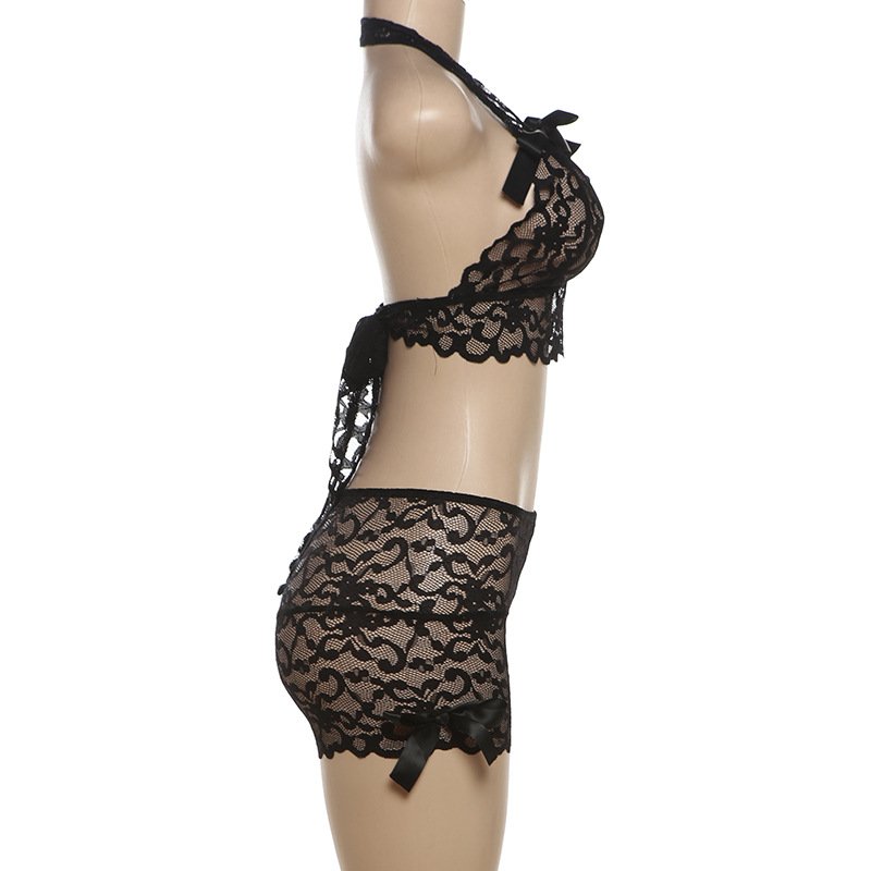 Garsia K24S48137 solid bodycon sexy bikini women's set summer lace see through slash neck crop top and mini pants 2 piece set