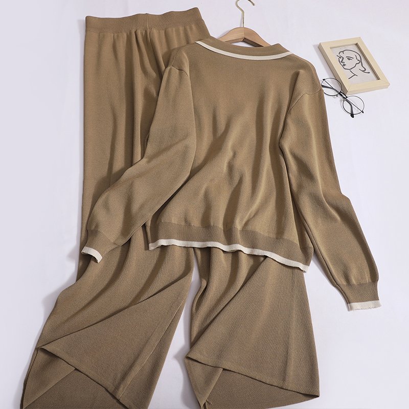 Wholesale 2024 Autumn New Style Single Breasted Temperament Knitted Sweater Loose Casual Wide Leg Pants Women's Set